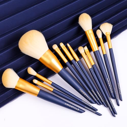 AMORTALS 12 Pcs Makeup Brush Set with Case - Premium Synthetic Foundation, Powder, Concealer, Eyeshadow Brushes, Vegan & Cruelty-Free