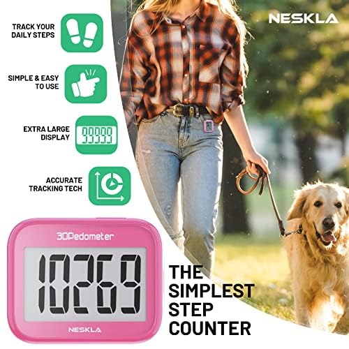 NESKLA 3D Pedometer for Walking, Simple Step Counter for Walking with Large Digital Display, Step Tracker with Removable Clip Lanyard, Accurately Track Steps for Men Women Kids Adults Seniors, Pink