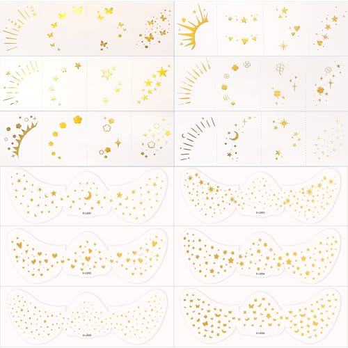 Gold Temporary Tattoo Stickers, 12 Sheets Metallic Face Tattoos