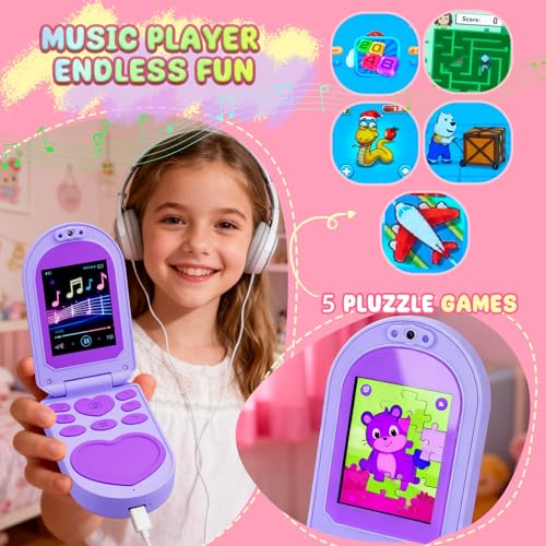 YUNIBRIX Kids Flip Phone Toy with HD Cameras & Music Player - Purple