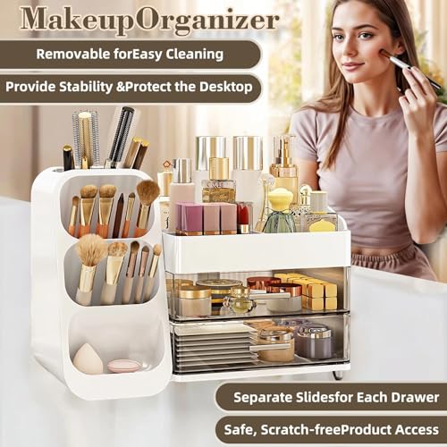 Makeup Organizer And Storage White Large 3 Clear Makeup Drawer Organizer,Skincare Organizers Countertop For Vanity Bedroom Tiered Makeup Box Organizer-Beauty Countertop Organization For Makeup