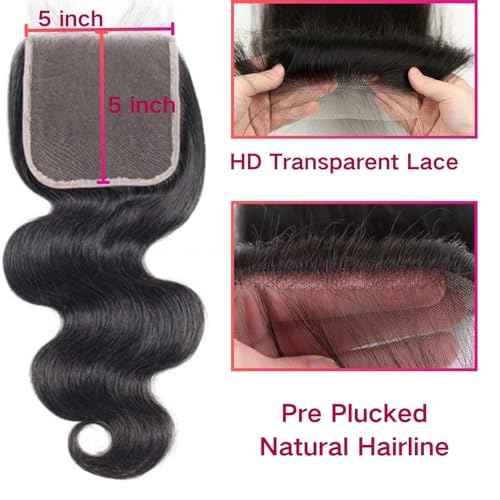 HD Lace Closure Body Wave Hair Closure - 5x5 Lace Frontal, 12A Virgin Remy Human Hair, Pre Plucked, 20 Inch Natural Black