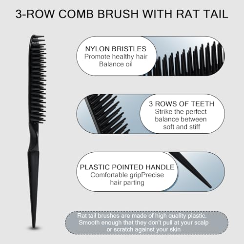 SIMPOR 3-Row Detangling Hair Comb with Rat Tail, Black