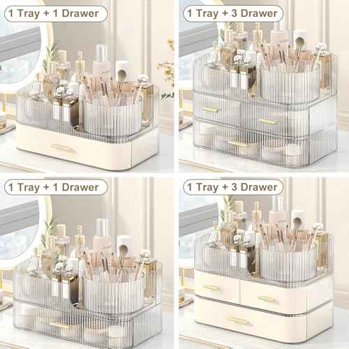 DASITON Makeup Organizer with Drawers and Rotating Makeup Brush Holder,Large Capacity Stackable Cosmetic Organizer Countertop,Bathroom Organizers and Storage,Make up Organizers for Vanity (Clear 03)