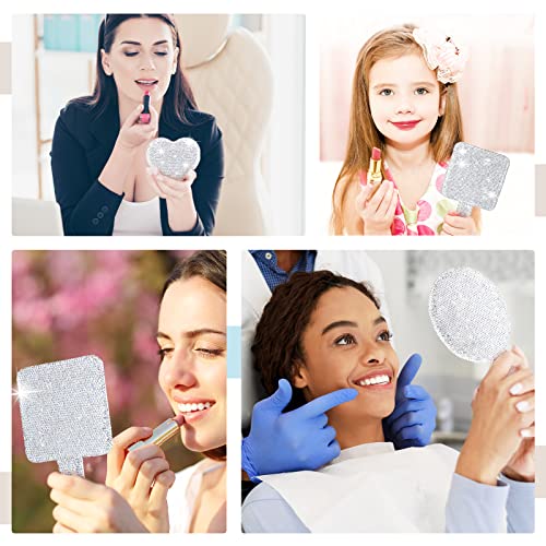 Bucherry 3 Pcs Rhinestone Hand Mirror Heart Shaped Bling Dazzling Hand Held Square Round Shape White Cosmetic Portable Decorative Personal Makeup Mirrors for Women Wedding Gift