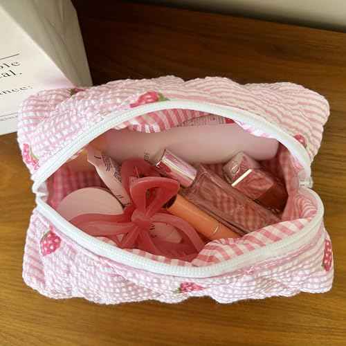 Cotton Quilted Makeup Bag Coquette Accessories Make up Bag Organizer Cute Floral Cosmetic Pouch Travel Makeup Bag for Women strawberry