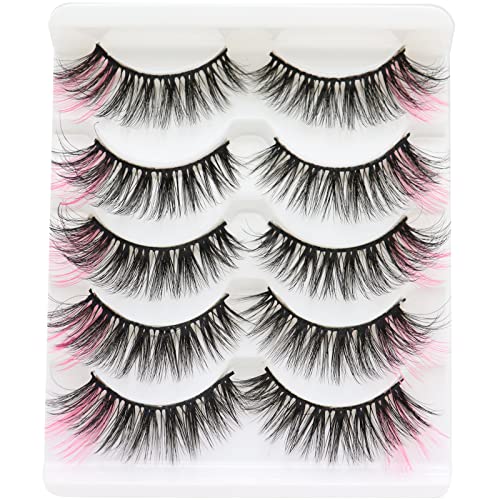 Pink Colored Wispy Lashes 14-16mm Full Volume 3D Fake Eyelashes 5 Pairs