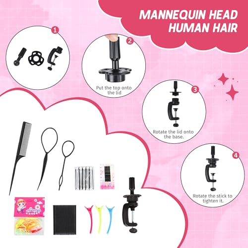 100% Human Hair Mannequin Head with Clamp & Styling Tools