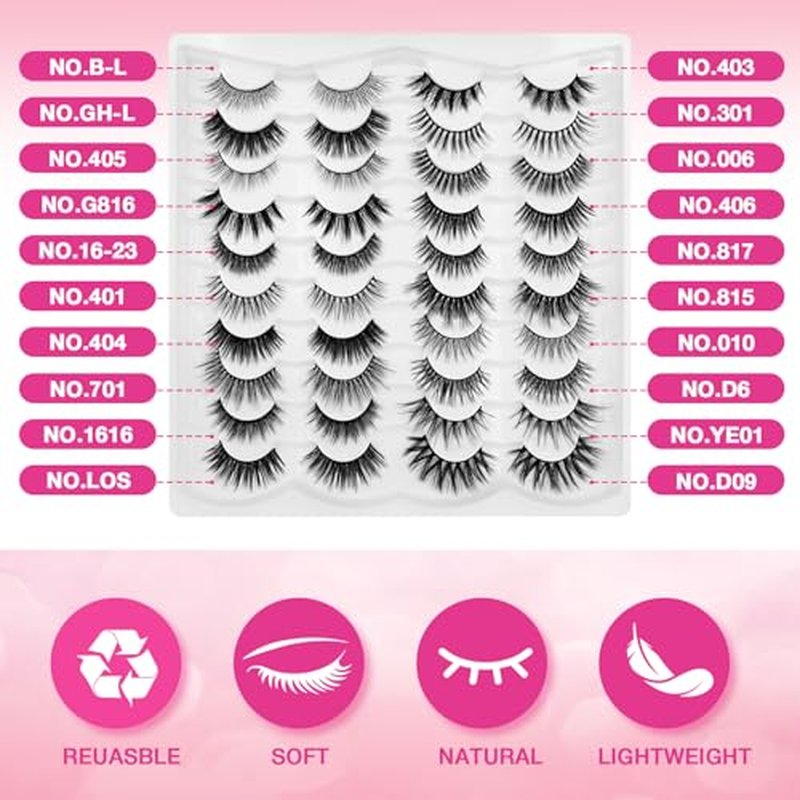 20 Pairs False Eyelashes - Natural to Fluffy Variety Pack