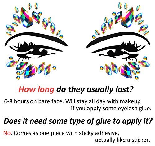 Face Gems Stickers - 4 Rainbow Rhinestone Designs, Self-Adhesive Festival Makeup