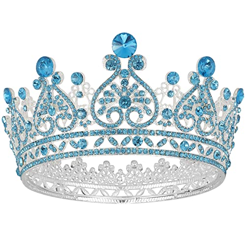 Aprince Aqua Blue Full Round Crystal Tiaras and Crowns for Women, Silver Queen of Hearts Crown Rhinestones Wedding Gifts for Bride Birthday Queen crown for women queen of hearts Accessories for Prom