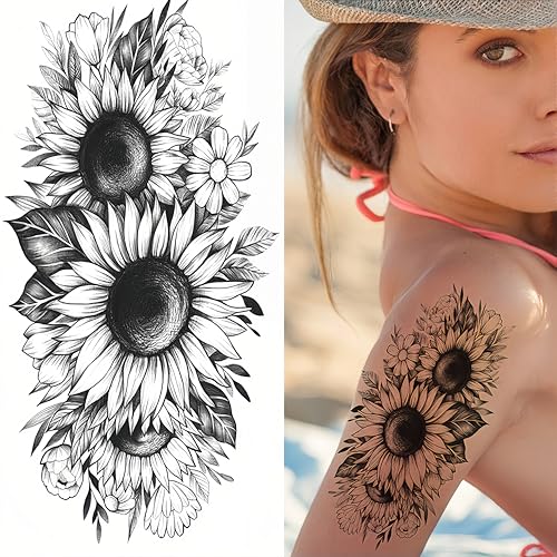 Temporary Tattoo Sunflower 3 Sheets Large Temporary Tattoo For Men Women Adults Waterproof Friction Resistant Low Reflective Lasts 5-7 Day Temporary Sunflower Tattoo