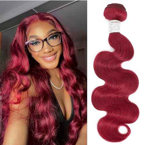 Red Burgundy Bundles Human Hair Body Wave, 12A Colored Bundles Human Hair 100% Unprocessed Remy Hair, Soft and Thick Burgundy Cherry Red 99J Single Wavy Sew in Quick Weave Double Weft 12 Inch