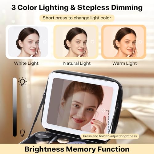Travel Makeup Bag with LED Mirror & 10X Magnifying - Large Cosmetic Organizer