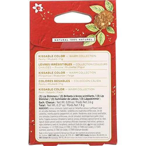 Burt's Bees Kissable Color Holiday Gift Set, 3 Lip Shimmers in Gift Box, Warm Collection in Peony, Fig & Rhubarb