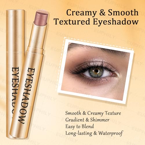 3 Color Matte Gradient Glitter Eyeshadow Stick, Cream Blendable Metallic Shimmer Eye Shadow Pencil, Lightweight Long-Lasting Eye Makeup Pen for Daily Makeup, #04 Glittering rose
