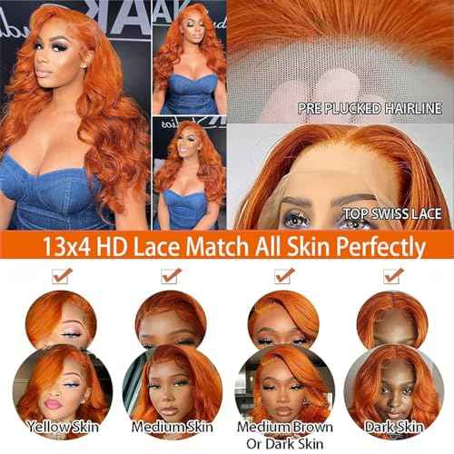 32 Inch Ginger Lace Front Wigs Human Hair Body Wave Wigs 13x4 HD Transparent Lace Frontal Glueless Ginger Orange Wigs Human Hair 180% Density Orange Wig Pre Plucked With Baby Hair