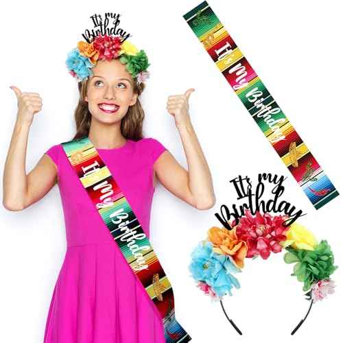 Hoteam 2 Pcs Headband and Sash Mexican Flower Crowns Cinco de Mayo Satin Sash Fiesta Birthday Tiara Crown for Women