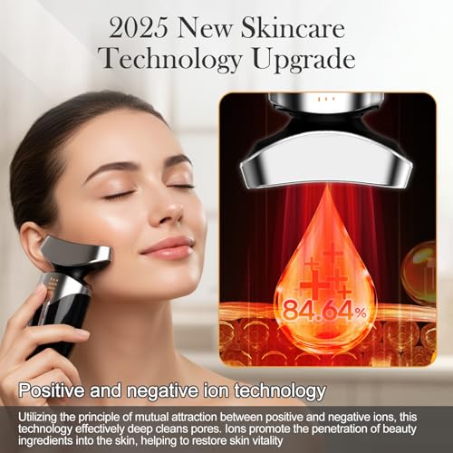 Red Light Beauty Device for Face and Neck, Based on High-end Red and Blue LED Light, Facial Cold and Hot, Vibration Technology, 3 Color Led Face and Neck Beauty Device for Home Use, Jet-Black