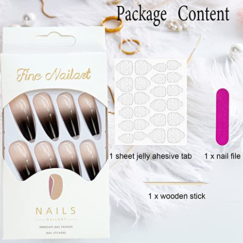 Long Press on Nails Coffin Black Fake Nails Gradient Designs Gothic Stick on Nails Nude False Nails Stick on Nails for Women Girls Nail Decoration