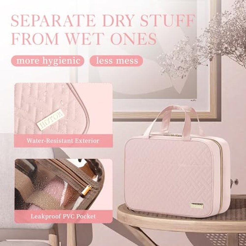 HOTOR Hanging Toiletry Bag - Waterproof Travel Makeup Organizer, Medium Pale Pink