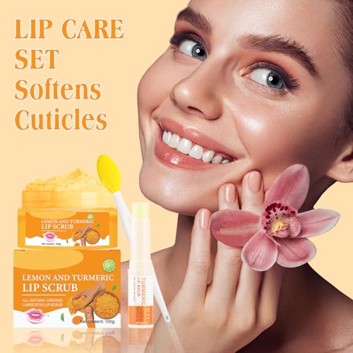 Turmeric Lip Scrub & Balm Set with Brush - Exfoliate & Moisturize