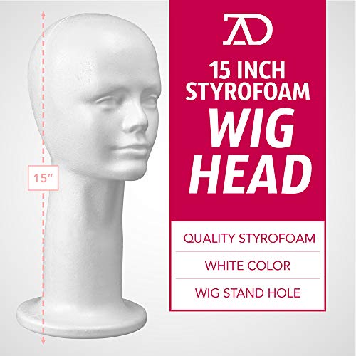 15'' Inch Styrofoam Head Wig Head Mannequin Manikin, Style, Model & Display Women's Wigs, Hats & Hairpieces Stand - Large, by Adolfo Designs