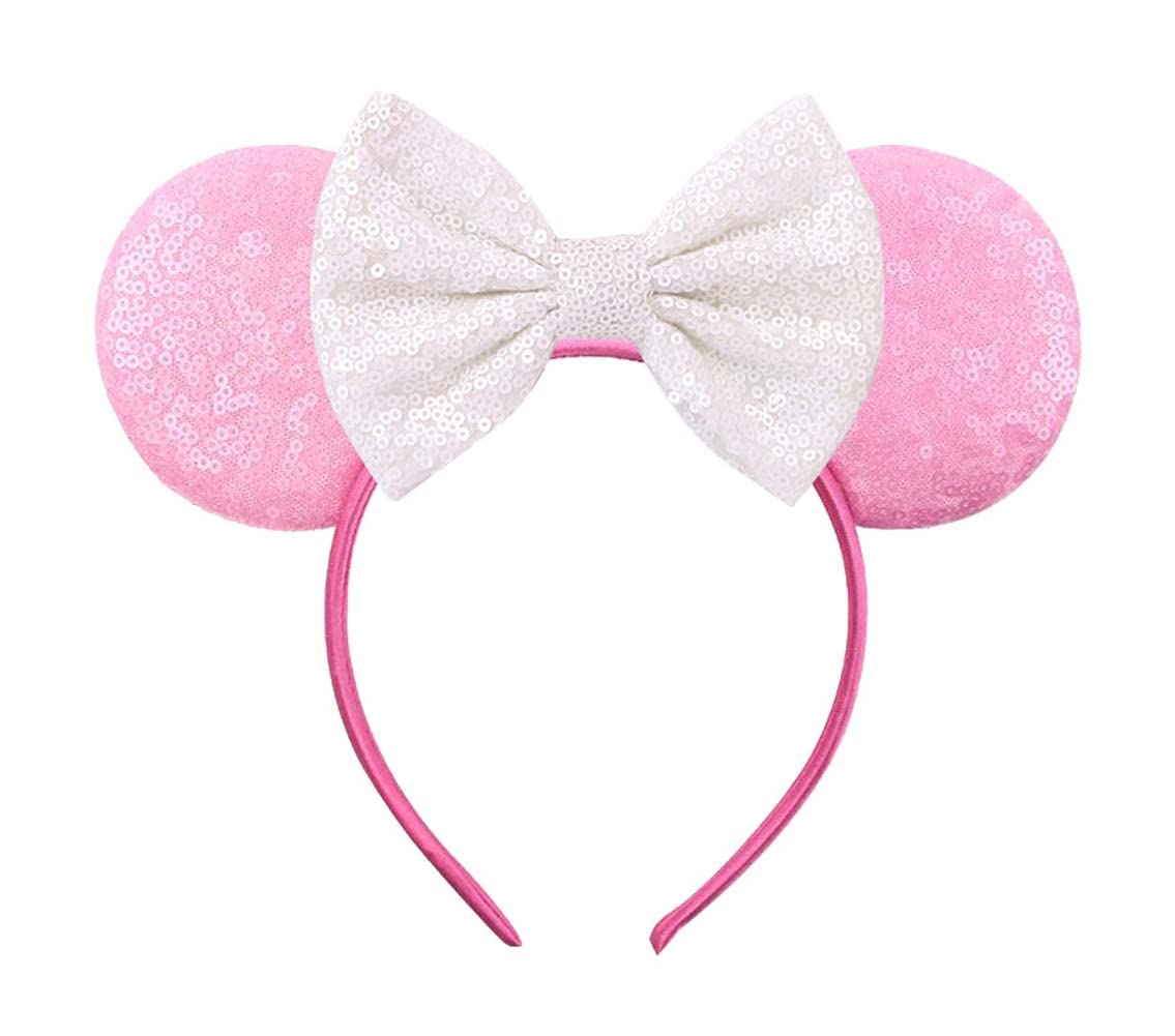 Love Fairy Lovely Ins Style Sequins Mouse Ears Headband Bowknot Hair Hoop for Travel Party Festivals (Pink White)