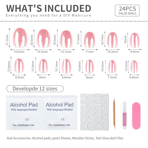 Chrome Pink Press On Nails - Short Square Glossy Gel Kit, 24 Pcs