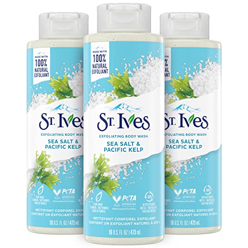 St. Ives Exfoliating Body Wash - Sea Salt & Pacific Kelp Scrub, Natural Body Wash, Body Soap, or Hand Soap with Plant-Based Exfoliants for Glowing Skin, 16 Oz Ea (Pack of 3)