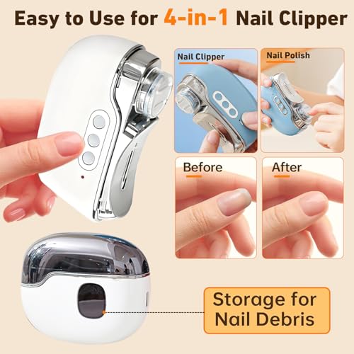 4 in 1 Electric Nail Clipper,2026 Upgraded Electric Nail Trimmer with LED Light and Clip Storage Multi Functional Automatic Nail Clippers with 3 Adjustable Speeds for Baby & Seniors£¨White