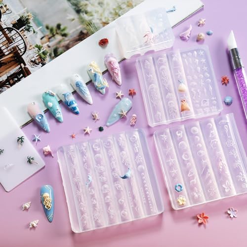 Laza 4-Piece 3D Ocean Silicone Nail Art Molds with Carving Pen & Scraper