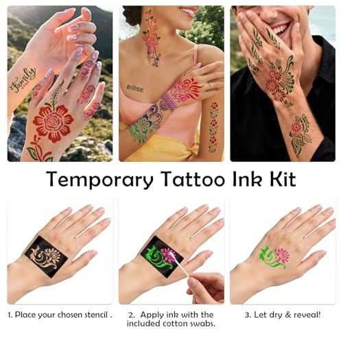 Mandala Temporary Tattoo Stencils Kit - 19 Sheets & 12 Ink Bottles