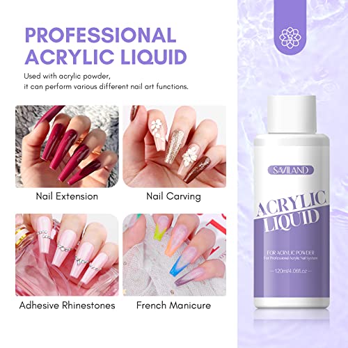 SAVILAND Monomer Acrylic Nail Liquid Kit: 12 OZ Non-yellowing Acrylic Liquid Monomer with 4PCS Acrylic Nail Brushes for Acrylic Application, Size 8/10/12/14