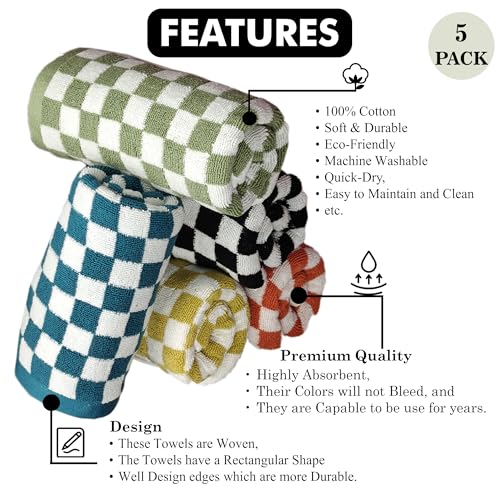 5 Pack 13 x 29 Inch Decorative Face Towels and Hand Towels, 100% Cotton, Ultra-Soft, Highly Absorbent, with Stylish Checkered Pattern Perfect for Bathroom, Kitchen, Pool, Yoga, Travel, and Gym.