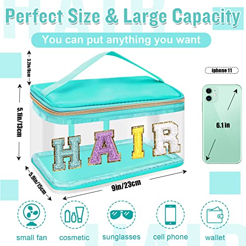 Izuzta Green Chenille Letter Clear Makeup Bag with Handle - Waterproof Travel Toiletry Organizer