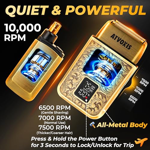 All-Metal Close Shave 3-Speed Foil Shaver for Men: 10,000 RPM Electric Nose & Ear Hair Trimmer Cordless Rechargeable USB-C Fast Charging Charger Included Travel Case (Bronze)