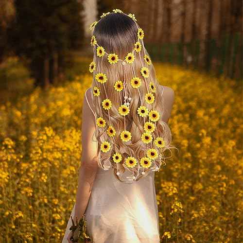 Sucrain 2pcs Flower Hippie Headband Floral Crown Summer Sunflower Hair Accessories for 70 s Bohemian Costumes Style (Yellow+Colorful)