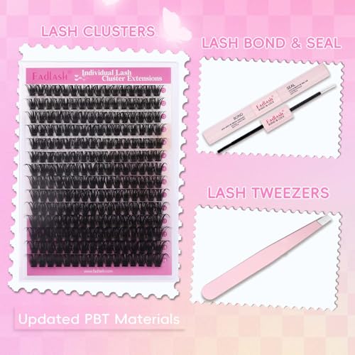 FADLASH Lash Extension Kit Volume Fluffy Lashes Clusters D Curl Eyelash Extensions with Bond and Seal Tweezers for DIY at Home Natural and Soft (100D-0.07D-12-18MIX KIT)