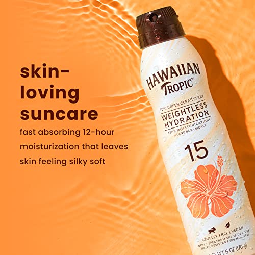 Hawaiian Tropic Weightless Hydration Clear Spray Sunscreen SPF 15, 6oz | Hawaiian Tropic Sunscreen SPF 15, Sunblock, Oxybenzone Free Sunscreen, Spray On Sunscreen, Body Sunscreen Spray, 6oz