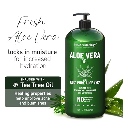 New York Biology Aloe Vera Gel for Face, Skin and Hair - Infused with Tea Tree Oil - From Fresh Aloe Vera Plant - Moisturizing Aloe Vera for Sunburn Relief and Dry Skin - 16.9 Fl Oz - Pack of 2