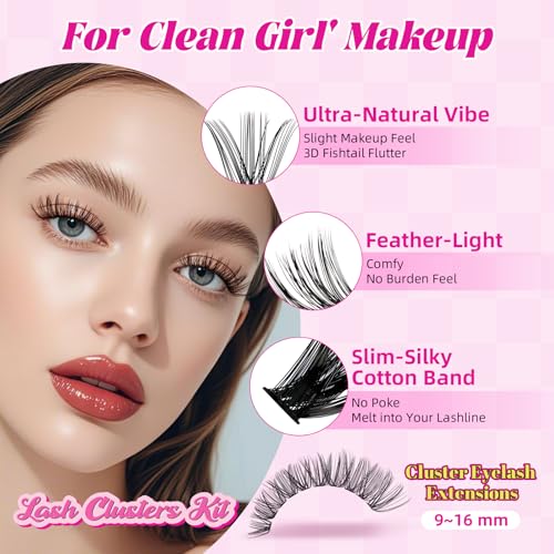 WLF Lash Clusters Kit 640 Pcs Lash Extension Kit Individual Lashes D Curl Clusters Eyelashes Extensions Kit with Lash Book Eyelash Bond and Seal Remover Tweezers Brush(Mix 9-16mm,30D+40D+50D+60D Kit)