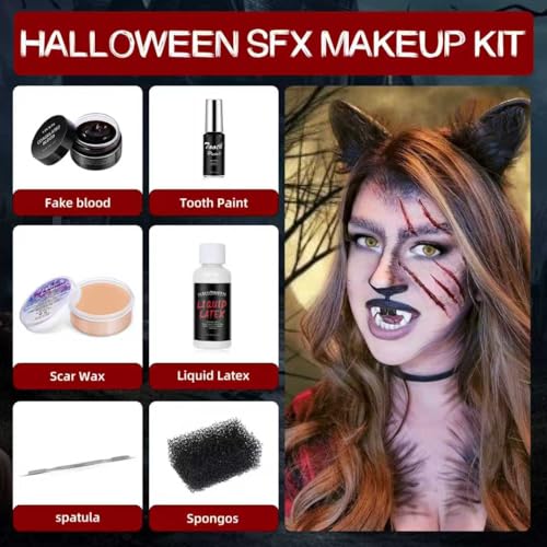 Professional SFX Makeup Kit - Special Effects Makeup Set with Scar Wax, Coagulated Blood, Black Tooth Paint, Sponges for Halloween, Theatre, Cosplay