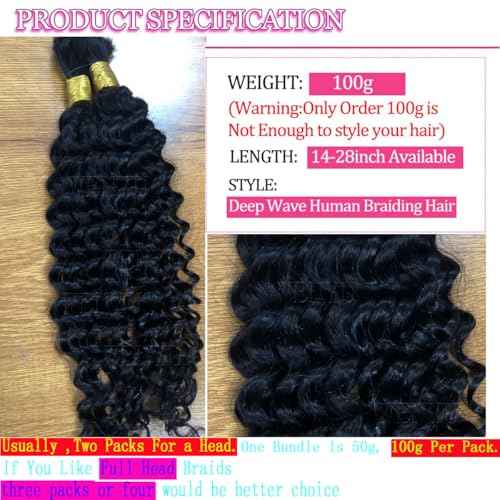 WENYU Human Braiding Hair 100g Deep Wave Bulk Human Hair for Braiding No Weft Bundle Brazilian Virgin Curly Human Hair Extensions for Boho Braids Curly Human Hair Braiding Hair (Deep Wave, 24 Inch)