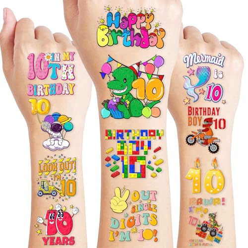 100 Pcs 10th Birthday Temporary Tattoos for Kids