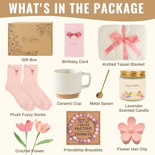 Gifts for Women, Get Well Soon Blanket Gift Baskets, Self Care Gifts Baskets Unique Christmas Gift for Women Thinking of You/Mothers Day/Best Friend Inspirational Friendship Gift