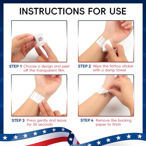 4th of July Temporary Tattoos - 96 Waterproof Patriotic Designs
