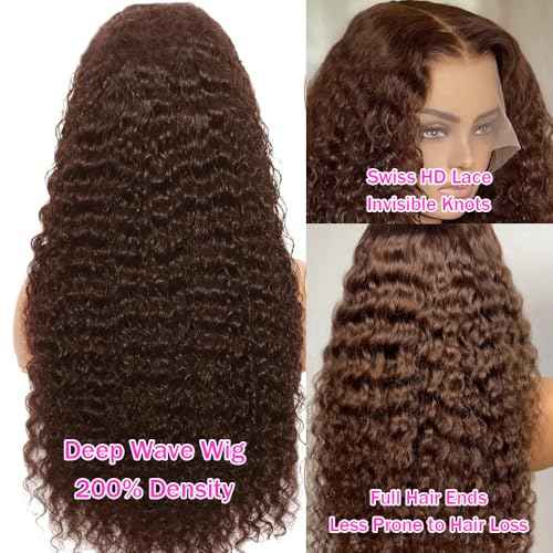 Anderah 30Inch Chocolate Brown Deep Wave Lace Front Wigs Human Hair 200 Density 13x6 HD Lace Frontal Wigs Curly Human Hair Wig For Women Pre Plucked with Natural Hairline 4# Brown Color
