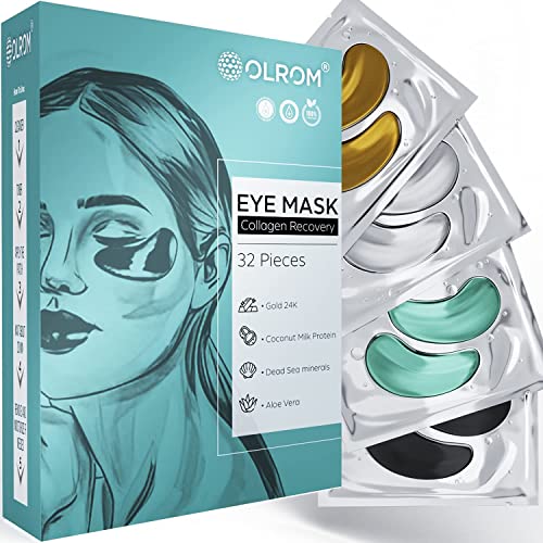 Collagen-Enriched Eye Mask - 16 pairs with 24k Gold, Dead Sea Minerals, Coconut Milk Protein and Aloe Vera under eye patches - Hydrating Hyaluronic Acid for Dark Circles & Puffiness - by Olrom