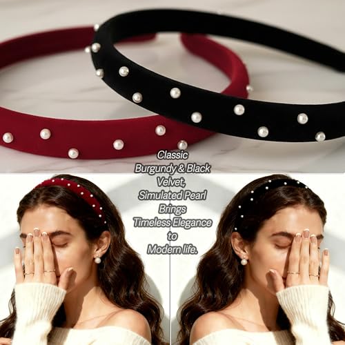 Pearl-Accented Velvet Headbands for Women 2 Pack - Black & Burgundy, Vintage Elegant Hair Accessories, Fanssya